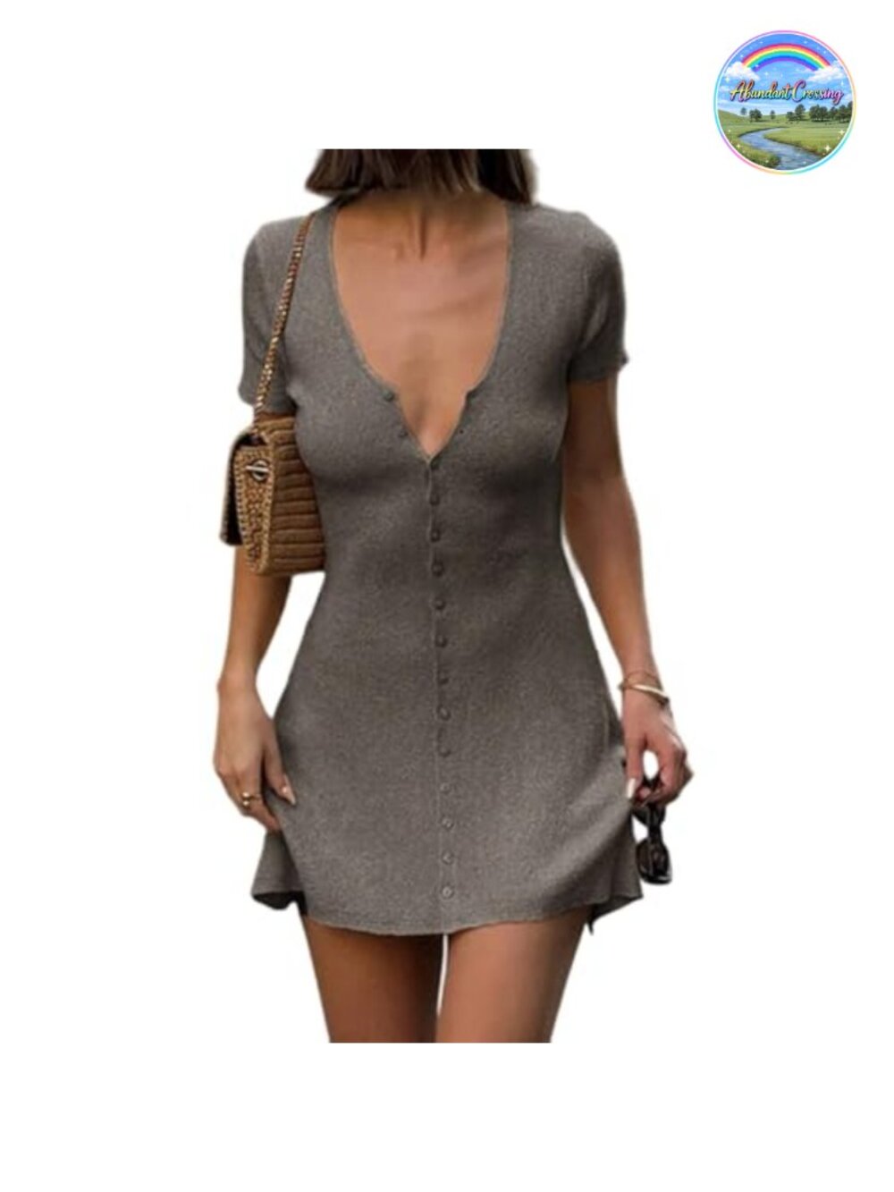 Women Ribbed Knit Mini Dress Deep V Neck Button Front Short Sleeve A-Line